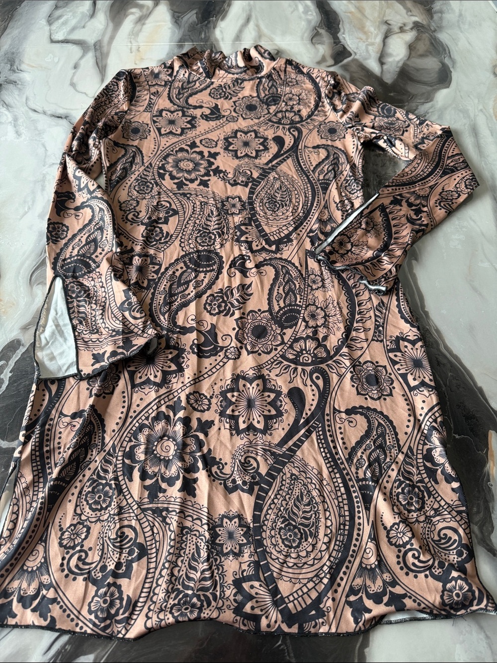 Long-Sleeve Paisley Floral Midi Dress in Blush and Black